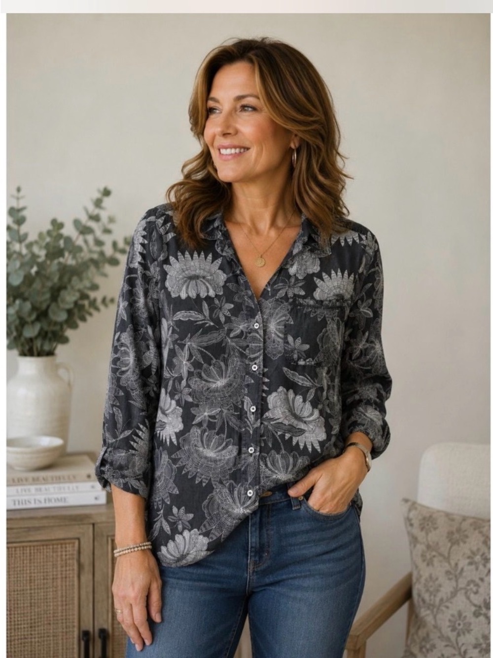 Soft Surroundings Black Floral Button-Down Shirt